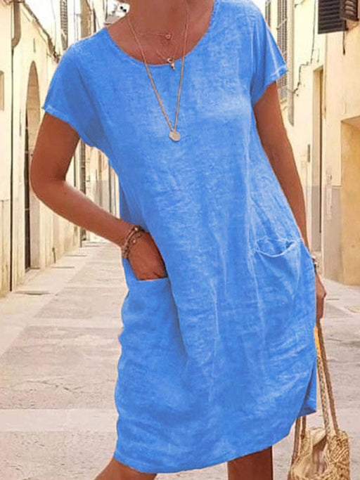 New Loose Solid Color Pocket Short Sleeve Round Neck Cotton Linen Dress