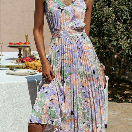 Floral V-Neck Pleated Dress with Elegant Strappy Sleeves