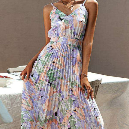 Floral V-Neck Pleated Dress with Elegant Strappy Sleeves