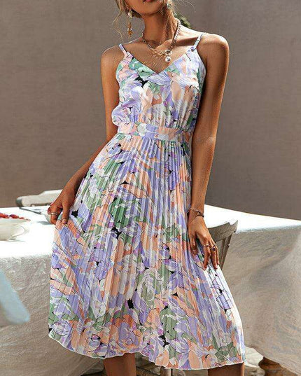 Floral V-Neck Pleated Dress with Elegant Strappy Sleeves