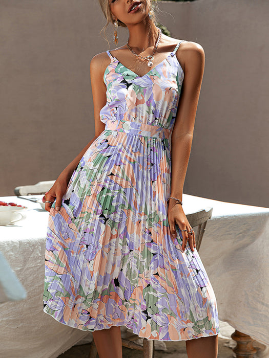 Floral Print V-Neck Pleated Dress with Shoulder Straps