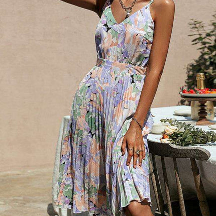 Floral V-Neck Pleated Dress with Elegant Strappy Sleeves