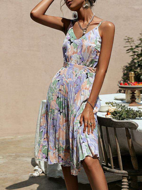 Floral V-Neck Pleated Dress with Elegant Strappy Sleeves