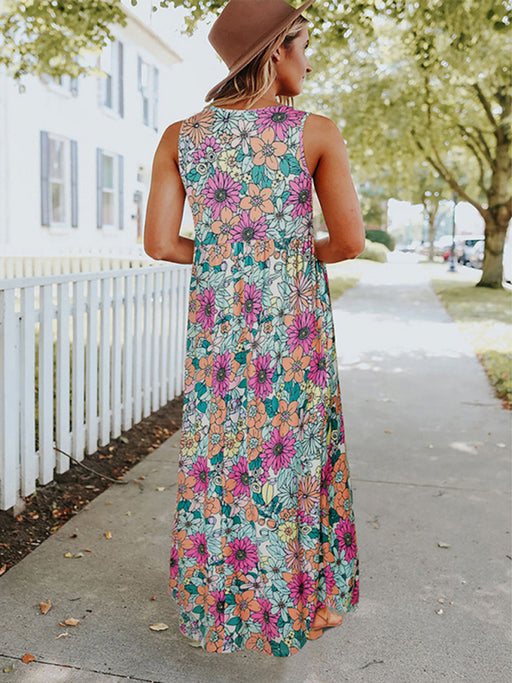 Floral Sleeveless Maxi Dress with Round Neck - Summer Chic