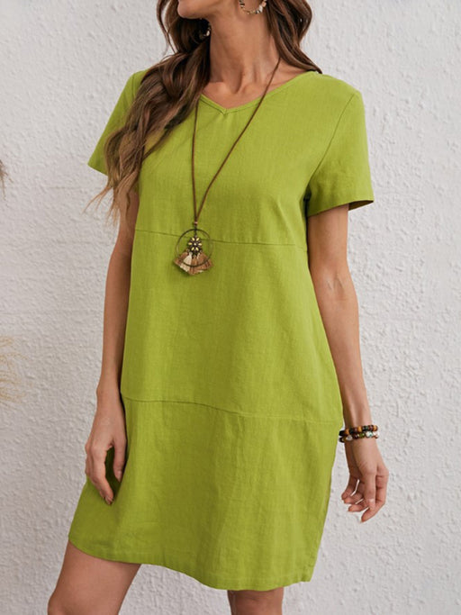 Women's Woven Solid Color V-Neck Short Sleeve Dress