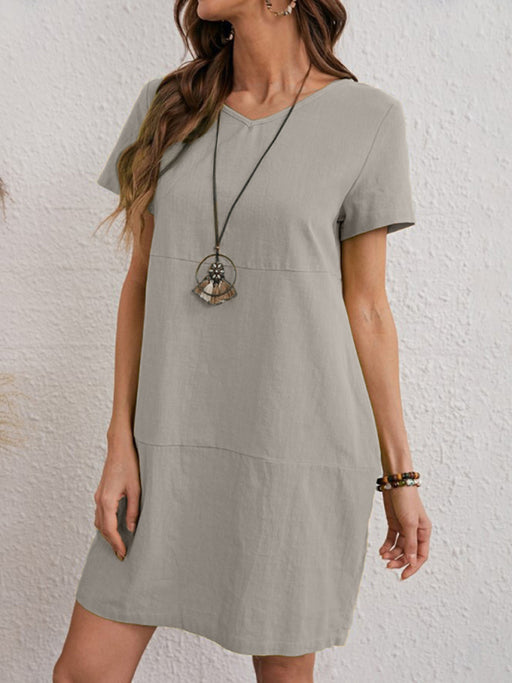Women's Woven Solid Color V-Neck Short Sleeve Dress