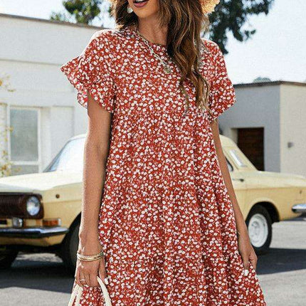 Retro Chic Ruffle Sleeve Dress - Stylish Women's Woven Apparel