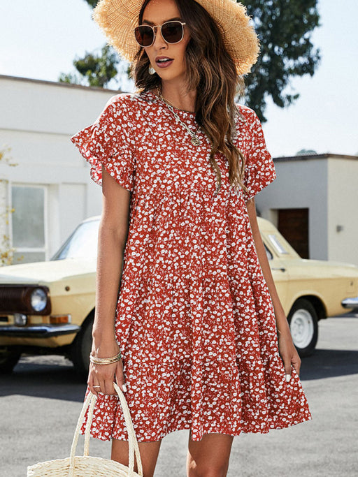 Women's Woven Printed Round Neck Ruffle Sleeve Loose Dress