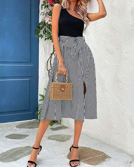 Chic One-Shoulder Striped Mosaic Dress - Perfect for Every Occasion