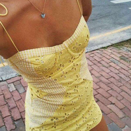 Chic Embroidered Floral Plaid Zip-Up Dress with Stylish Strappy Shoulders