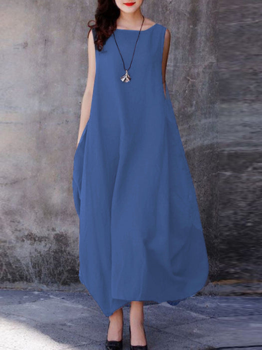 Swingy Casual Round Neck Dress with Pockets