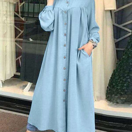 Chic Stand Collar Long Sleeve Swing Dress - Effortlessly Elegant and Versatile