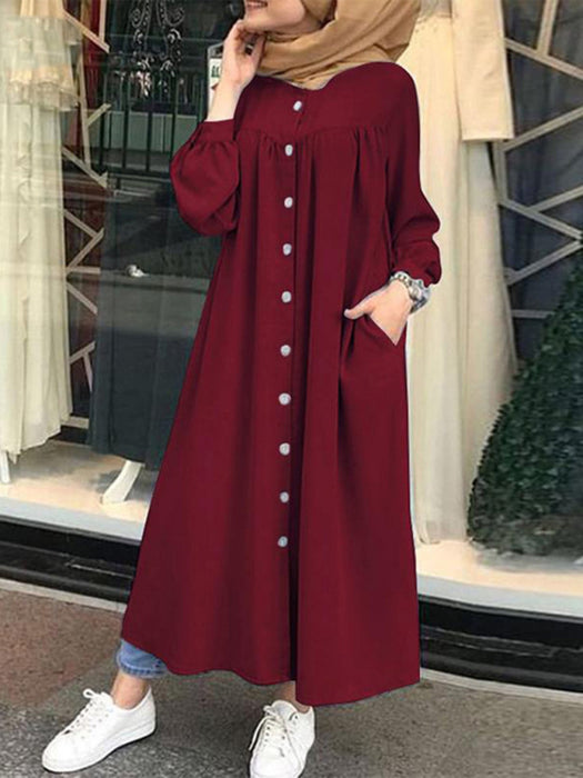 Elegant Stand Collar Swing Dress with Long Sleeves