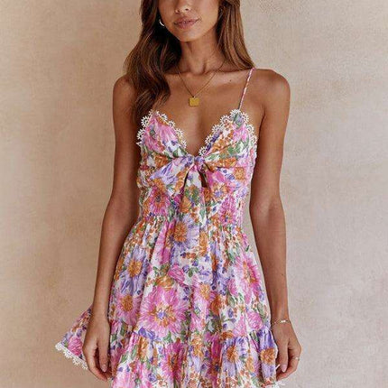 Stylish Backless Floral Dress with Knot Accent for Special Occasions