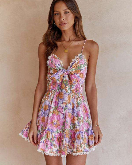 Stylish Backless Floral Dress with Knot Accent for Special Occasions