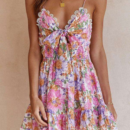 Stylish Backless Floral Dress with Knot Accent for Special Occasions