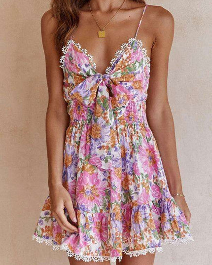 Stylish Backless Floral Dress with Knot Accent for Special Occasions