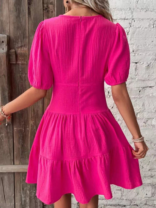 Elegant V-Neck Cotton-Blend Mid-Sleeve Midi Dress for Versatile Styling