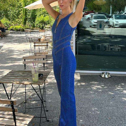 Retro-Inspired High-Waisted Denim Jumpsuit with Stylish Open Back Detail