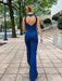Retro-Inspired High Waist Denim Jumpsuit with Chic Open Back Styling
