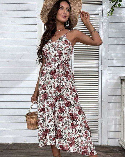 Elegant Floral Midi Dress with Trendy Sling Detail for Women
