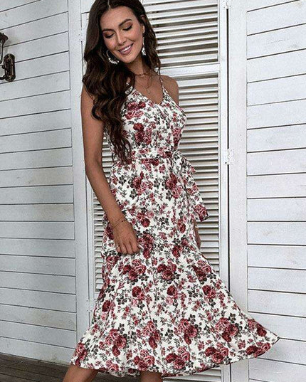Elegant Floral Midi Dress with Trendy Sling Detail for Women