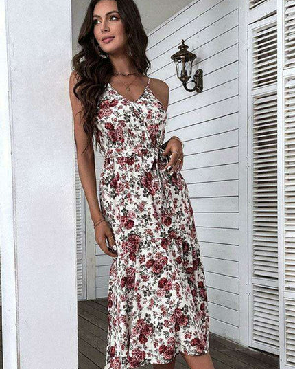 Elegant Floral Midi Dress with Trendy Sling Detail for Women