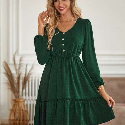 Elegant V-Neck Dress with Stylish Button Accents for Any Occasion