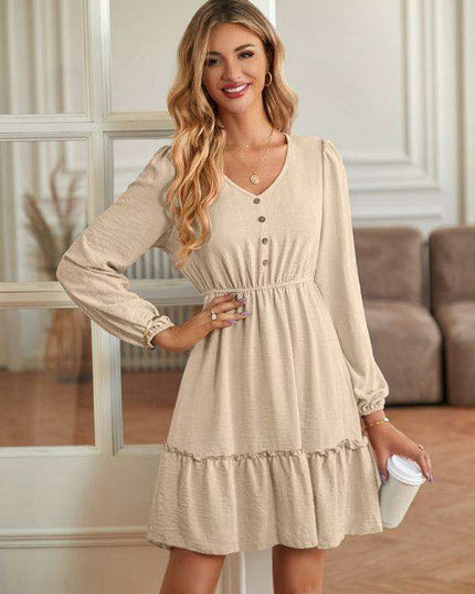Elegant V-Neck Dress with Stylish Button Accents for Any Occasion