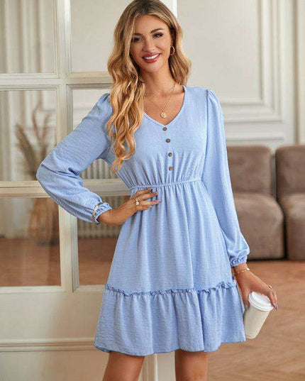 Elegant V-Neck Dress with Stylish Button Accents for Any Occasion