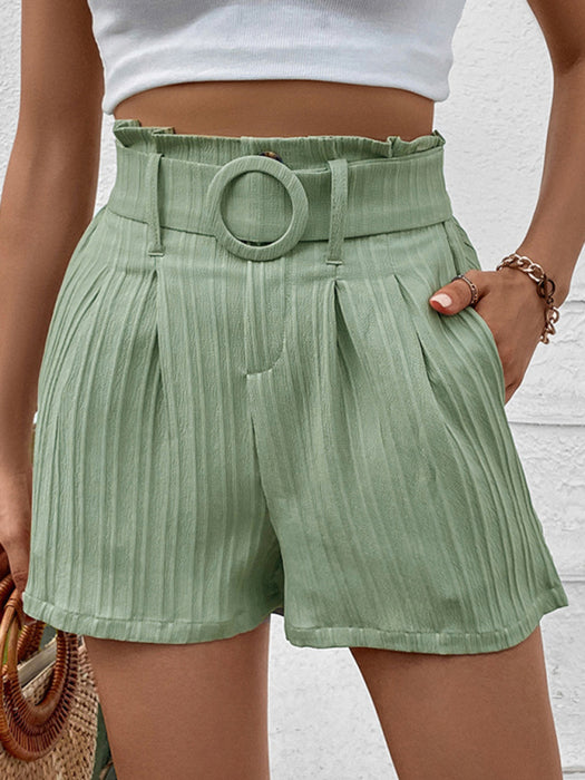 Fresh Green Polyester Pleated Shorts - Stylish and Versatile Choice for Women's Fashion
