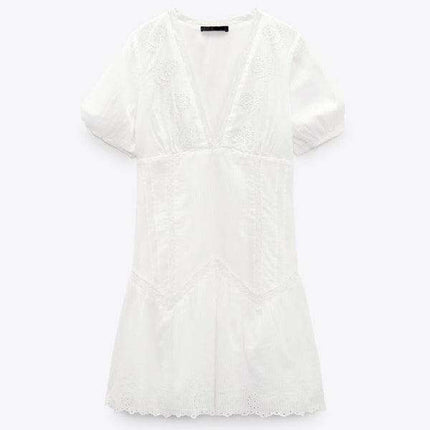 Elegant French-Inspired Embroidered V-Neck Dress with Dramatic Sleeve Accents