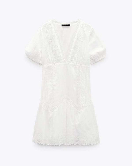 Elegant French-Inspired Embroidered V-Neck Dress with Dramatic Sleeve Accents