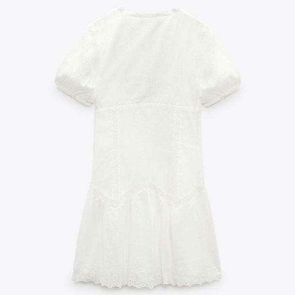 Elegant French-Inspired Embroidered V-Neck Dress with Dramatic Sleeve Accents