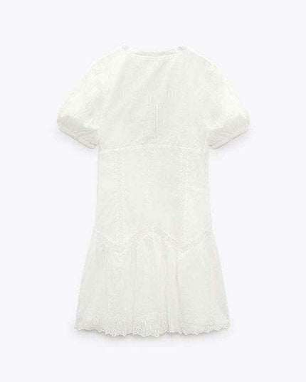 Elegant French-Inspired Embroidered V-Neck Dress with Dramatic Sleeve Accents