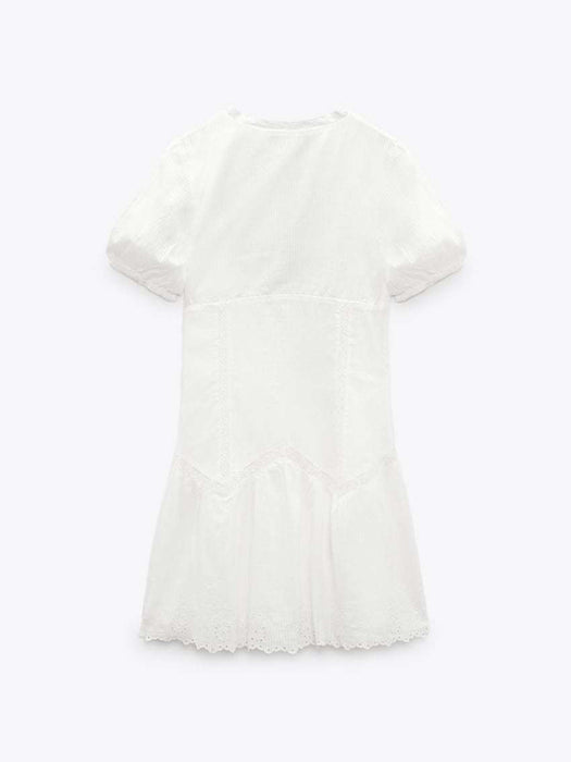 Sophisticated French V-Neck Embroidered Dress with Fluffy Sleeves