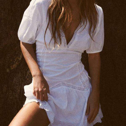 Elegant French-Inspired Embroidered V-Neck Dress with Dramatic Sleeve Accents