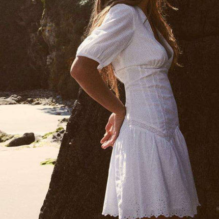 Elegant French-Inspired Embroidered V-Neck Dress with Dramatic Sleeve Accents