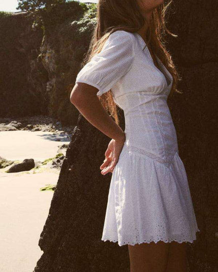 Elegant French-Inspired Embroidered V-Neck Dress with Dramatic Sleeve Accents