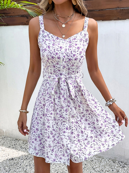Floral Sleeveless V-Neck Dress with Belt and Suspenders - Summer Chic Ensemble