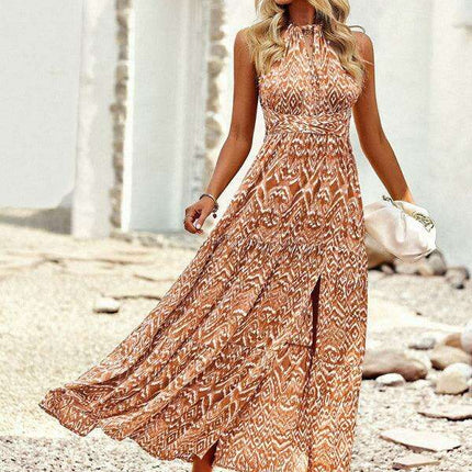 Chic Bohemian Halter Neck Maxi Dress with Elegant Waist Accent for Women