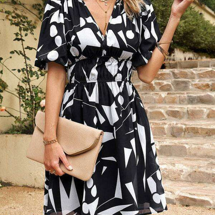 Elegant V-Neck Polyester Dress with Stylish Waist Detailing - Essential Women's Fashion Piece