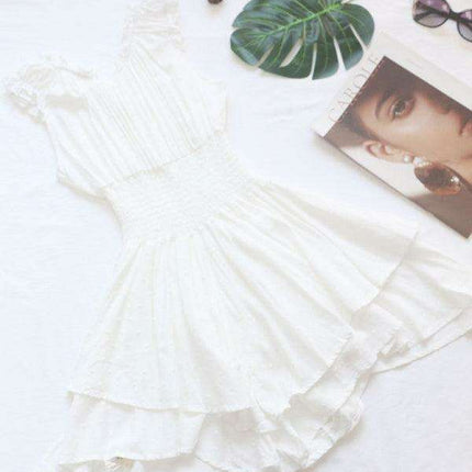 Romantic Earthy Pleated Dress with Cinched Waist and Asymmetrical Hem