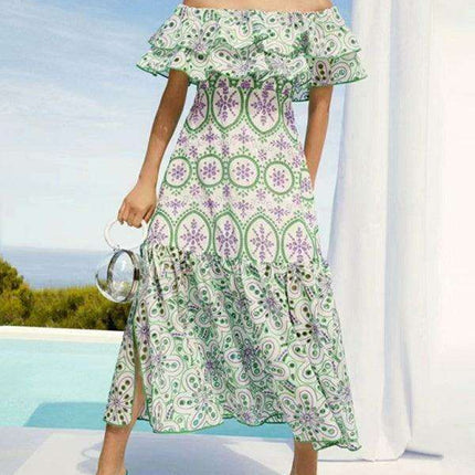 Chic One-Shoulder Floral Embroidered Dress with Elegant Front Slit