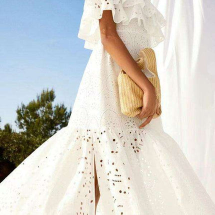 Chic One-Shoulder Floral Embroidered Dress with Elegant Front Slit