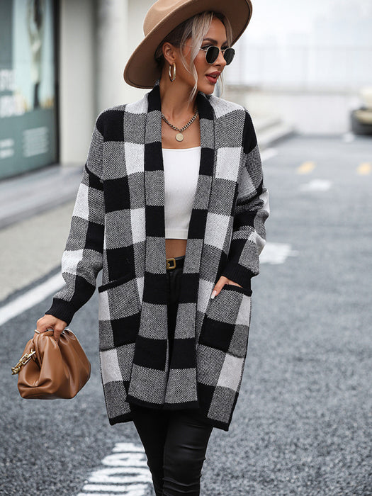 Chic Plaid Knit Cardigan - Stylish Winter Jacket for Ladies