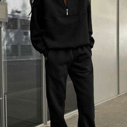 Relaxed Fit Zip-Up Sweater Set with Dropped Shoulder Sleeves & Stand Collar