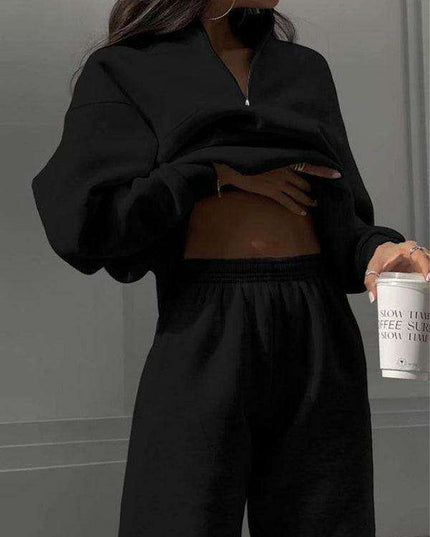 Relaxed Fit Zip-Up Sweater Set with Dropped Shoulder Sleeves & Stand Collar