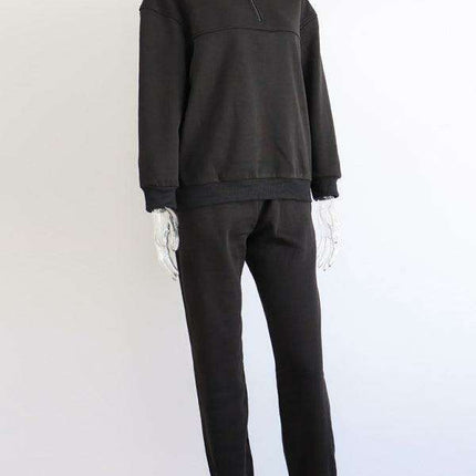 Relaxed Fit Zip-Up Sweater Set with Dropped Shoulder Sleeves & Stand Collar