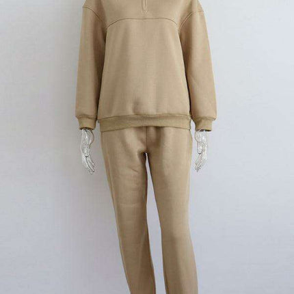 Relaxed Fit Zip-Up Sweater Set with Dropped Shoulder Sleeves & Stand Collar